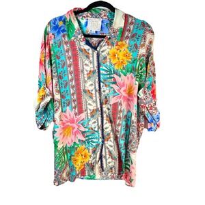 Johnny‎ Was Jade Clover Floral Button Down Shirt Size XL  EUC